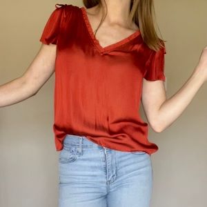 Banana Republic silky red blouse with tie sleeves